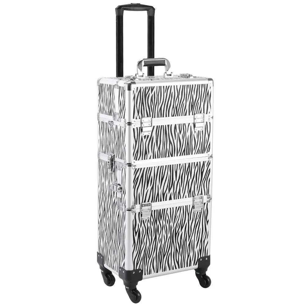 Makeup Train Case, 3 in 1 Professional Rolling Makeup Trolley Case Jewelry Cosmetic Storage Case (White Zebra Print)