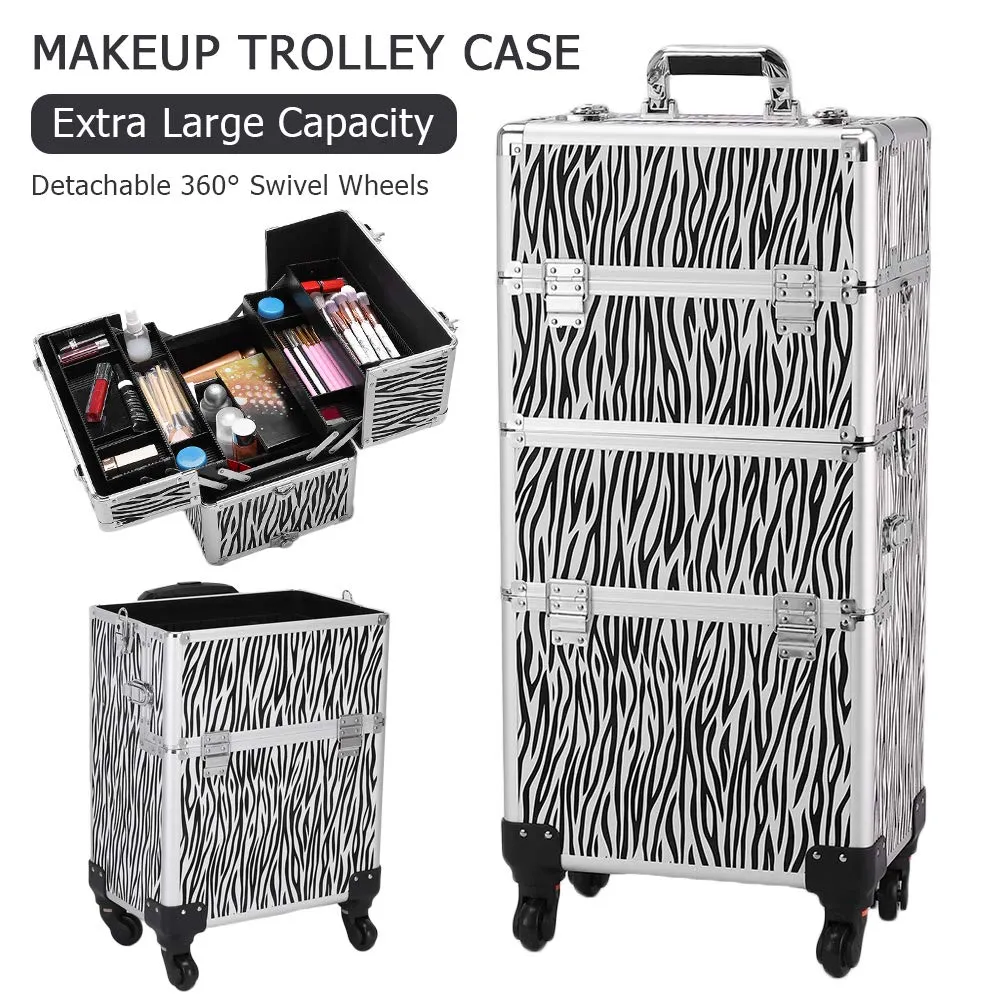 Makeup Train Case, 3 in 1 Professional Rolling Makeup Trolley Case Jewelry Cosmetic Storage Case (White Zebra Print)