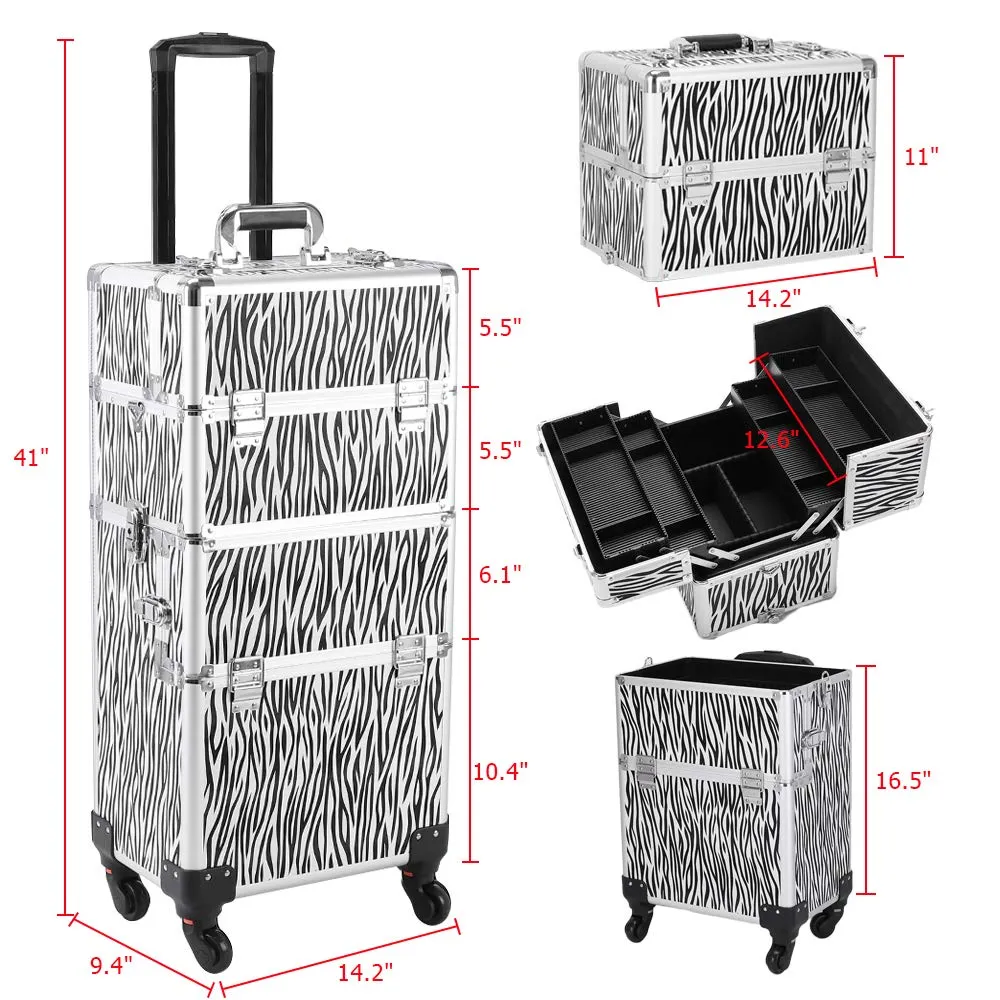 Makeup Train Case, 3 in 1 Professional Rolling Makeup Trolley Case Jewelry Cosmetic Storage Case (White Zebra Print)