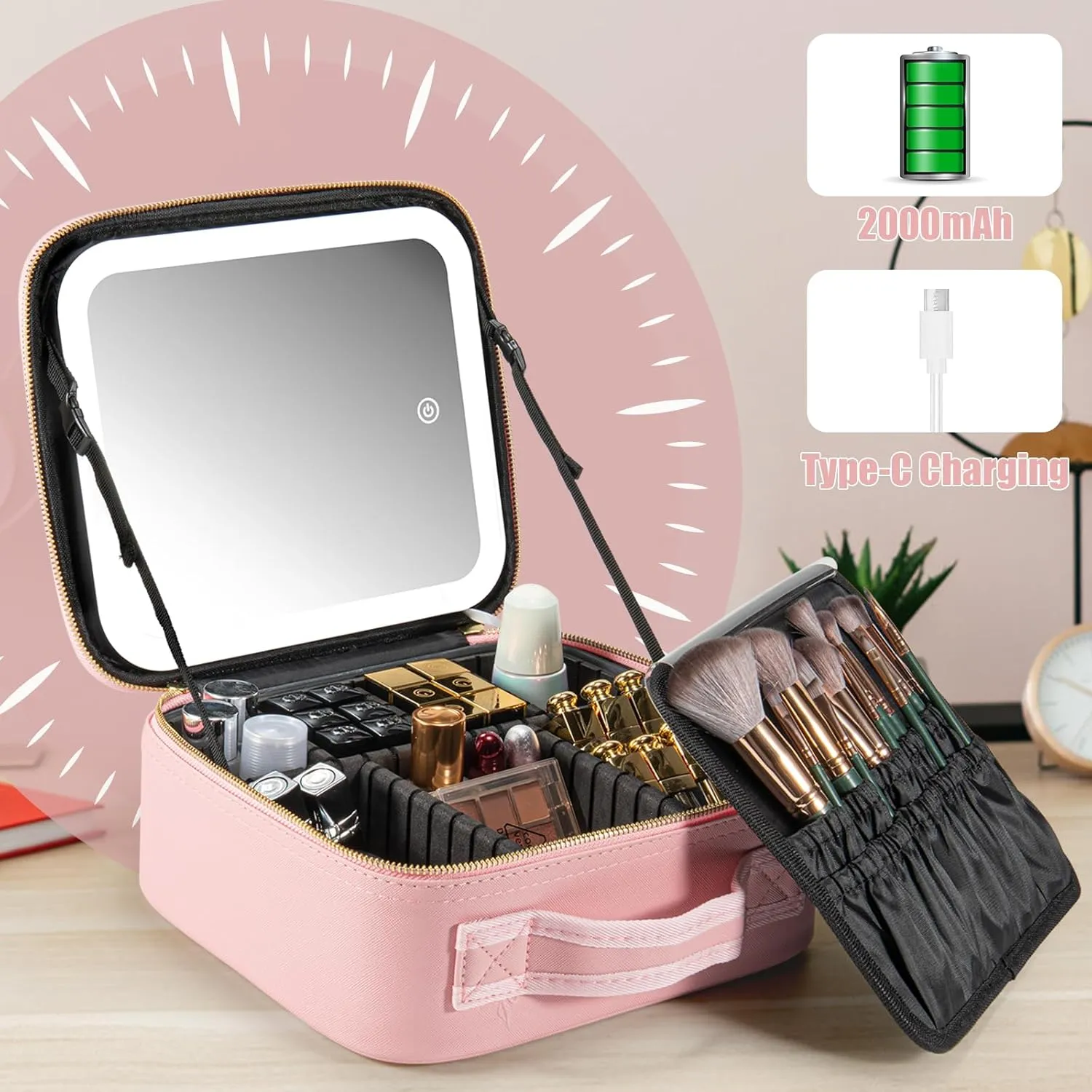Makeup Travel Train Case with Mirror LED Light 3 Adjustable Brightness Cosmetic Bag Portable Storage Adjustable Partition Waterproof Makeup Brushes Make up Jewelry Gift for Women