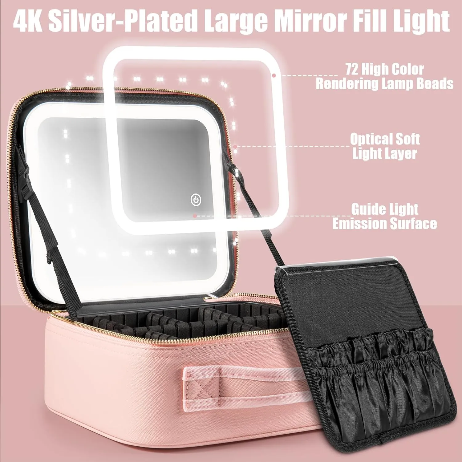 Makeup Travel Train Case with Mirror LED Light 3 Adjustable Brightness Cosmetic Bag Portable Storage Adjustable Partition Waterproof Makeup Brushes Make up Jewelry Gift for Women