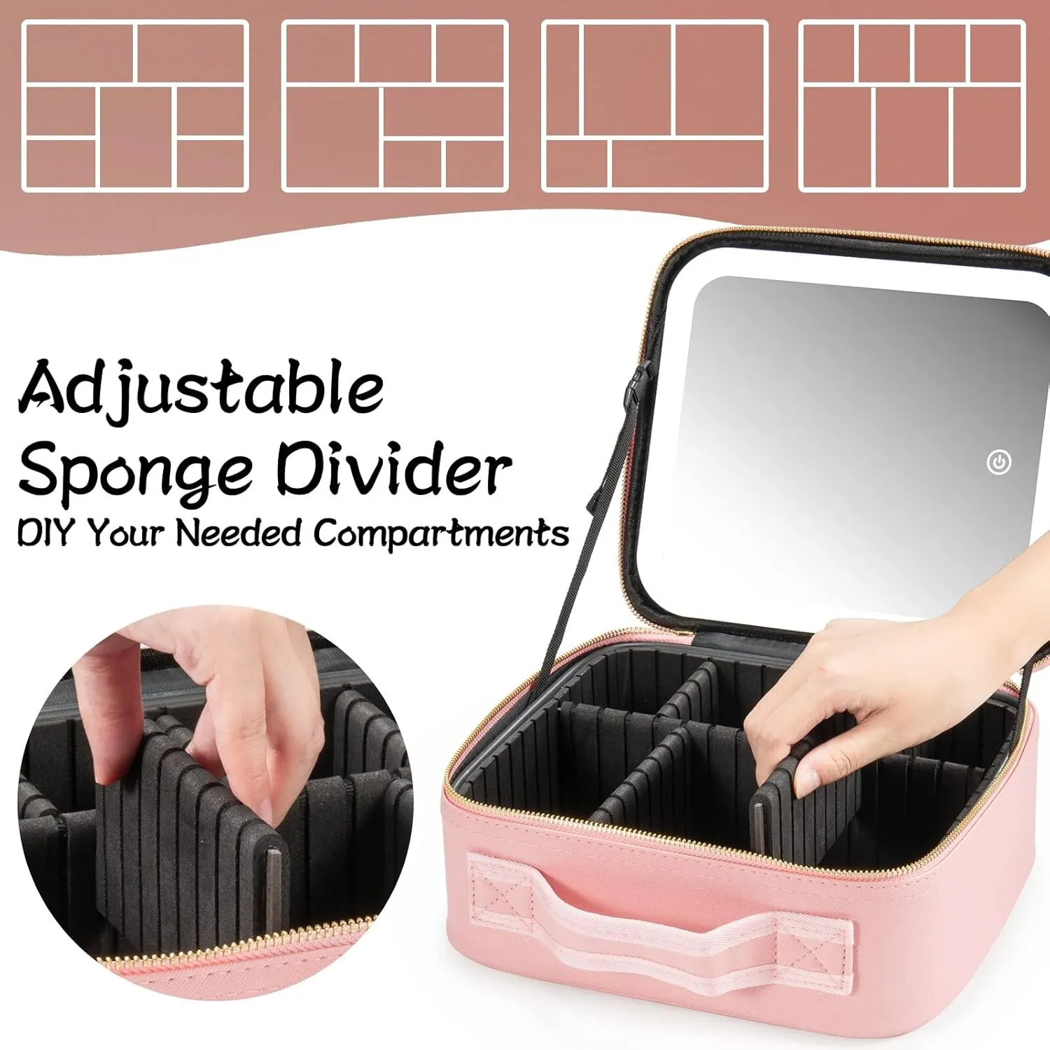 Makeup Travel Train Case with Mirror LED Light 3 Adjustable Brightness Cosmetic Bag Portable Storage Adjustable Partition Waterproof Makeup Brushes Make up Jewelry Gift for Women
