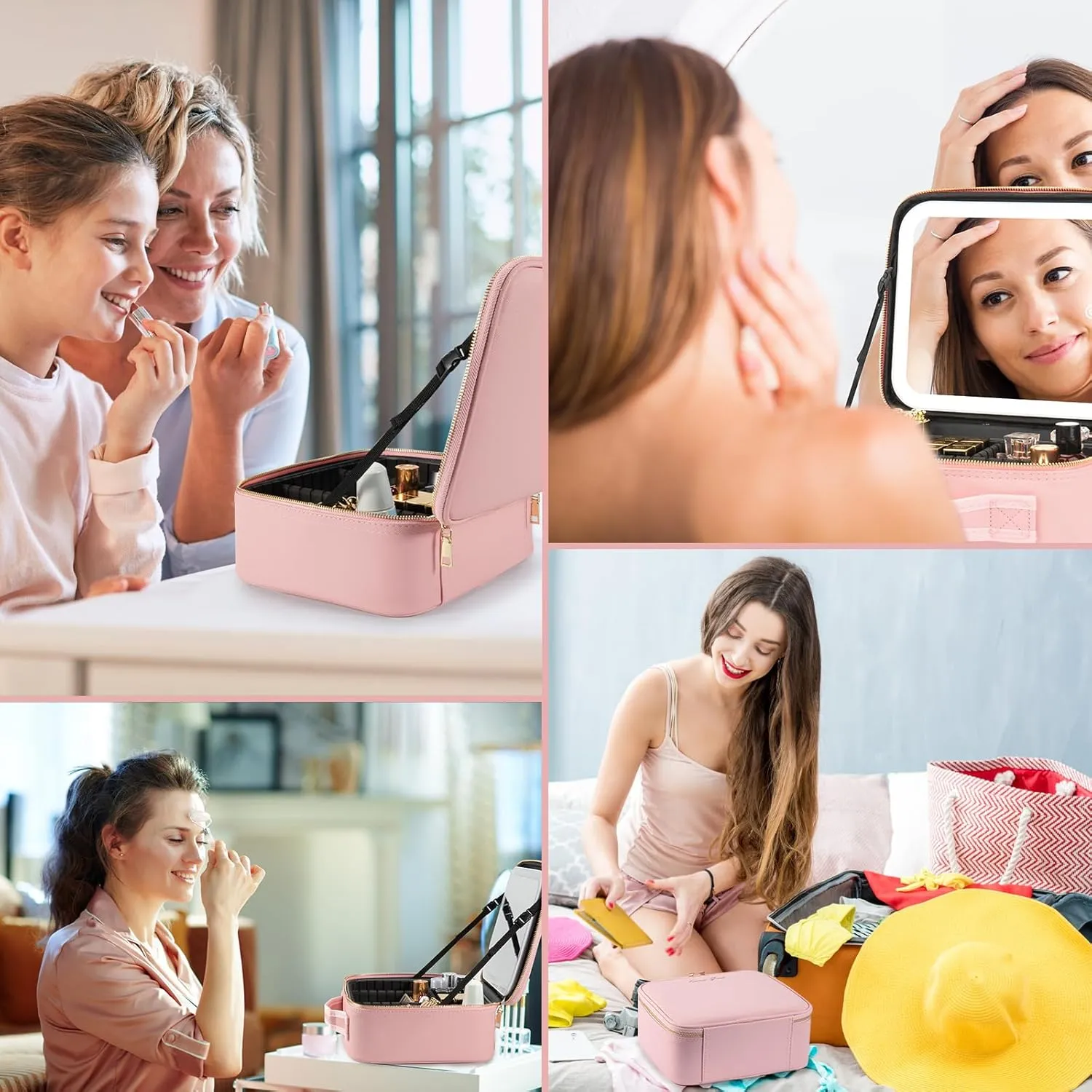 Makeup Travel Train Case with Mirror LED Light 3 Adjustable Brightness Cosmetic Bag Portable Storage Adjustable Partition Waterproof Makeup Brushes Make up Jewelry Gift for Women