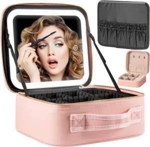 Makeup Travel Train Case with Mirror LED Light 3 Adjustable Brightness Cosmetic Bag Portable Storage Adjustable Partition Waterproof Makeup Brushes Make up Jewelry Gift for Women