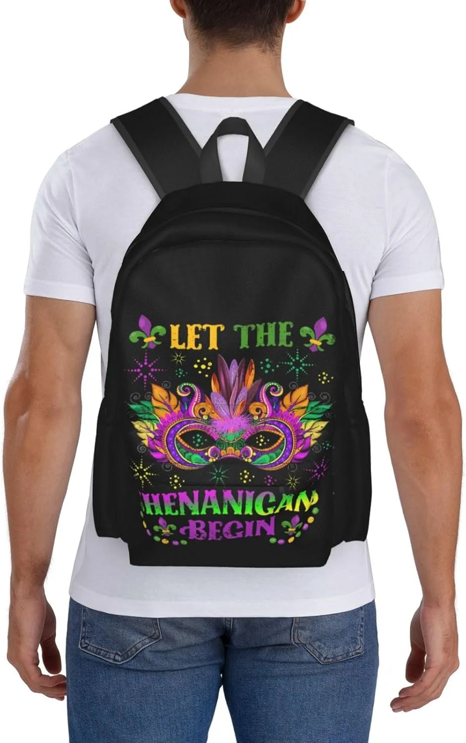 Mardi Gras Let The Shenanigans Begin Mask Backpack Casual Laptop Backpack Large Capacity Double Shoulder Bag Travel Daypack For Women Men