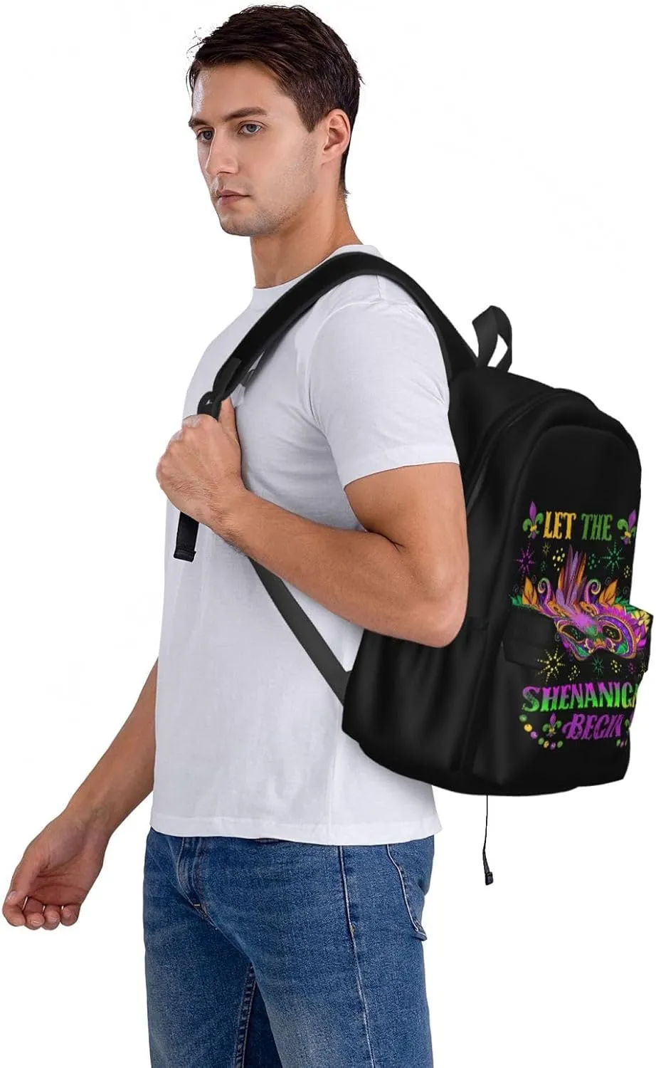 Mardi Gras Let The Shenanigans Begin Mask Backpack Casual Laptop Backpack Large Capacity Double Shoulder Bag Travel Daypack For Women Men