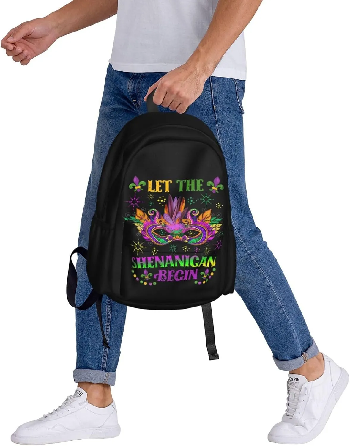 Mardi Gras Let The Shenanigans Begin Mask Backpack Casual Laptop Backpack Large Capacity Double Shoulder Bag Travel Daypack For Women Men