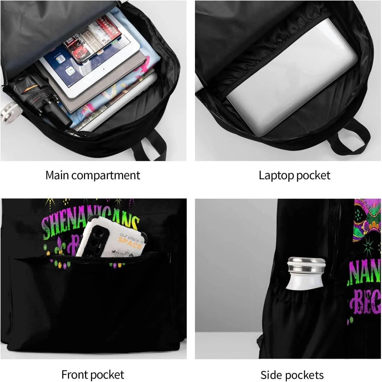 Mardi Gras Let The Shenanigans Begin Mask Backpack Casual Laptop Backpack Large Capacity Double Shoulder Bag Travel Daypack For Women Men