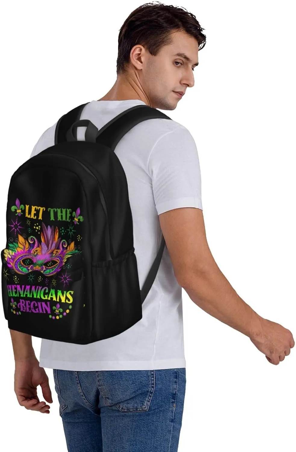 Mardi Gras Let The Shenanigans Begin Mask Backpack Casual Laptop Backpack Large Capacity Double Shoulder Bag Travel Daypack For Women Men