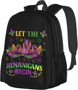 Mardi Gras Let The Shenanigans Begin Mask Backpack Casual Laptop Backpack Large Capacity Double Shoulder Bag Travel Daypack For Women Men
