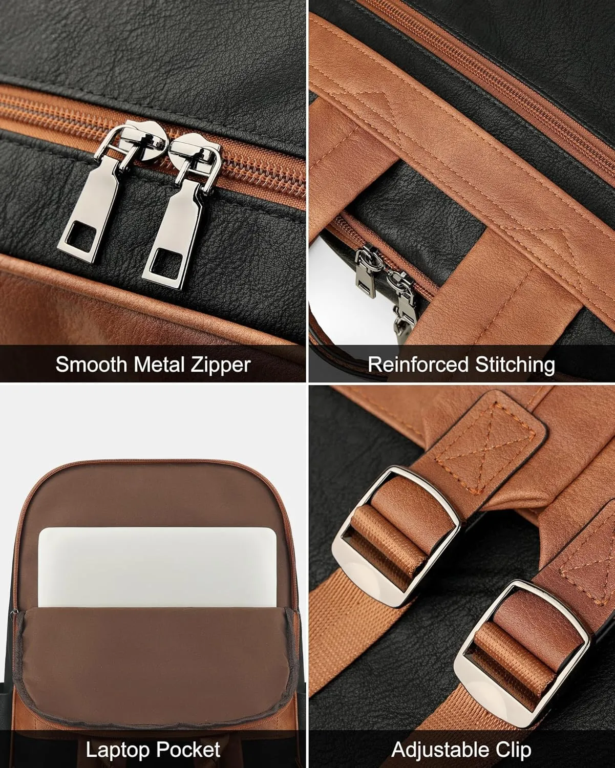 MASINTOR 15.6 inch Leather Laptop Backpack Purse for Women, Designer Travel and Work Bag with Laptop Compartment Black Brown