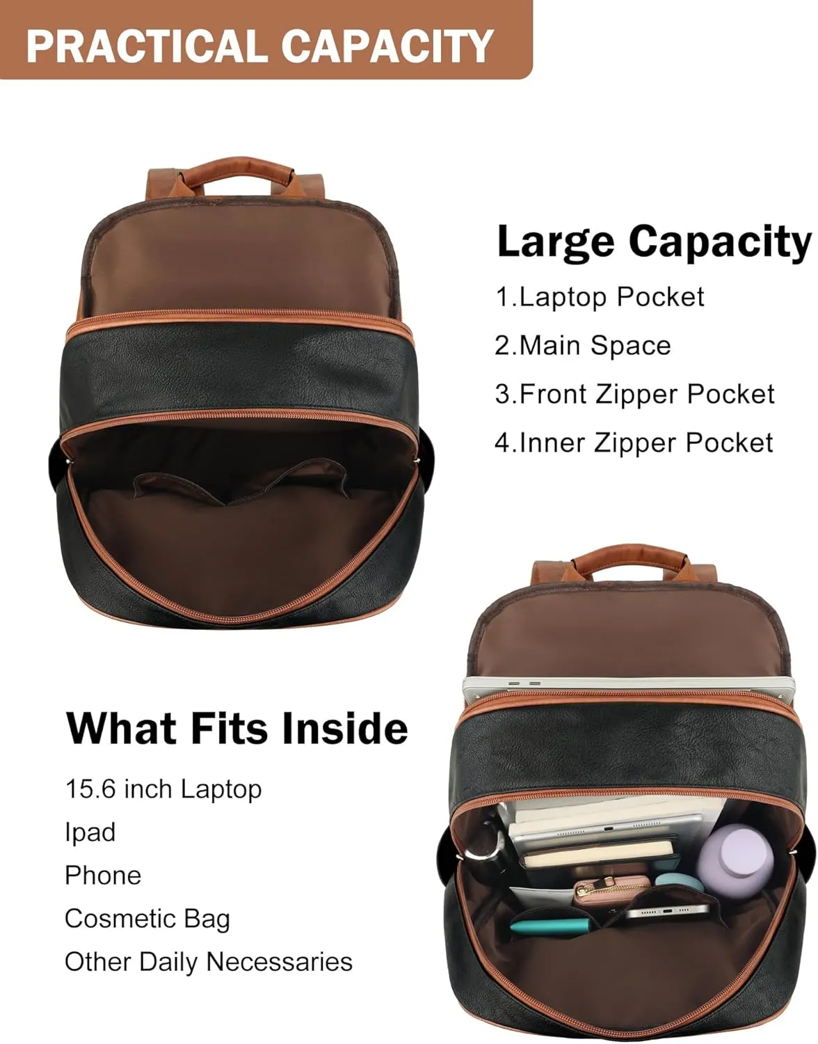 MASINTOR 15.6 inch Leather Laptop Backpack Purse for Women, Designer Travel and Work Bag with Laptop Compartment Black Brown