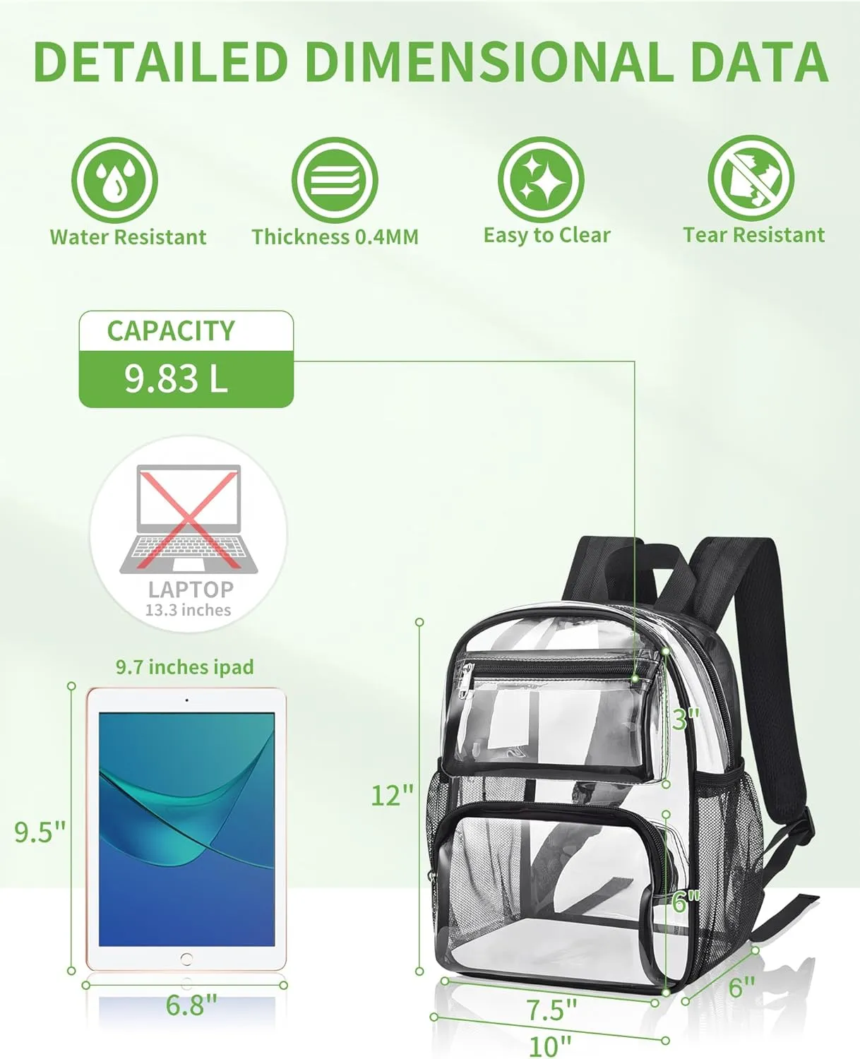 MAY TREE Clear Backpack Stadium Approved for Women and Men, Clear Bag for Stadium Events, Transparent bag for Concert Sporting Festival, Black