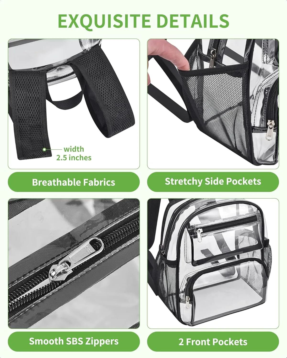 MAY TREE Clear Backpack Stadium Approved for Women and Men, Clear Bag for Stadium Events, Transparent bag for Concert Sporting Festival, Black