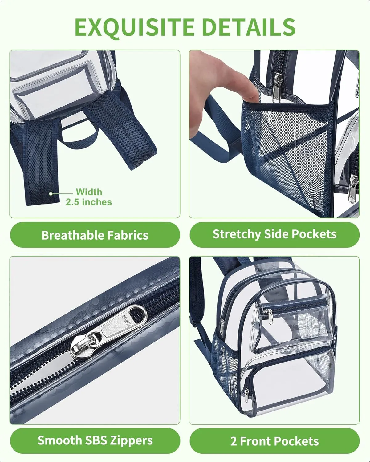MAY TREE Small Clear Backpack Stadium Approved for Women and Men Clear Bag for Stadium Events Concert Sporting Festival, Navy