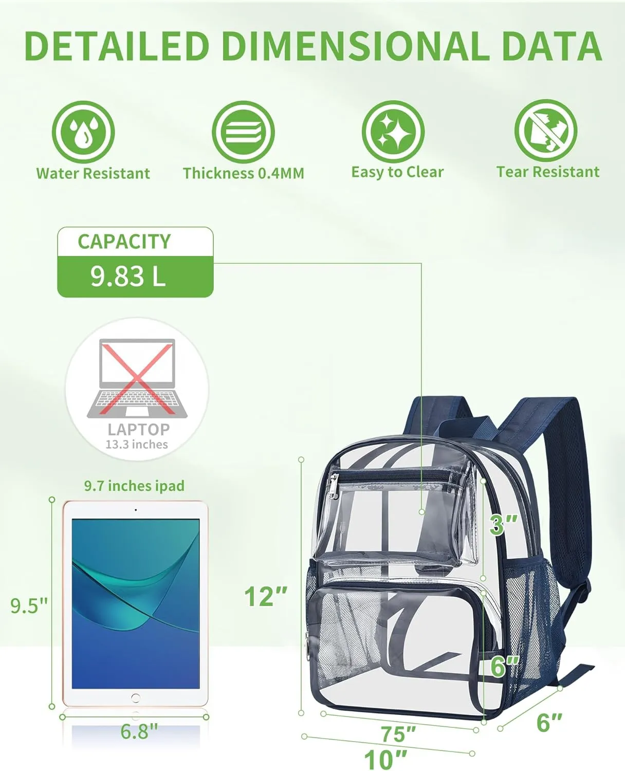 MAY TREE Small Clear Backpack Stadium Approved for Women and Men Clear Bag for Stadium Events Concert Sporting Festival, Navy
