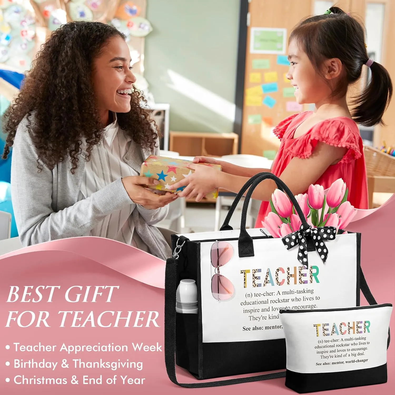 MAYICIVO Best Teacher Appreciation Gifts for Women: Funny End of Year Teacher Gifts Set with Canvas Tote Bag & Makeup Bag in White