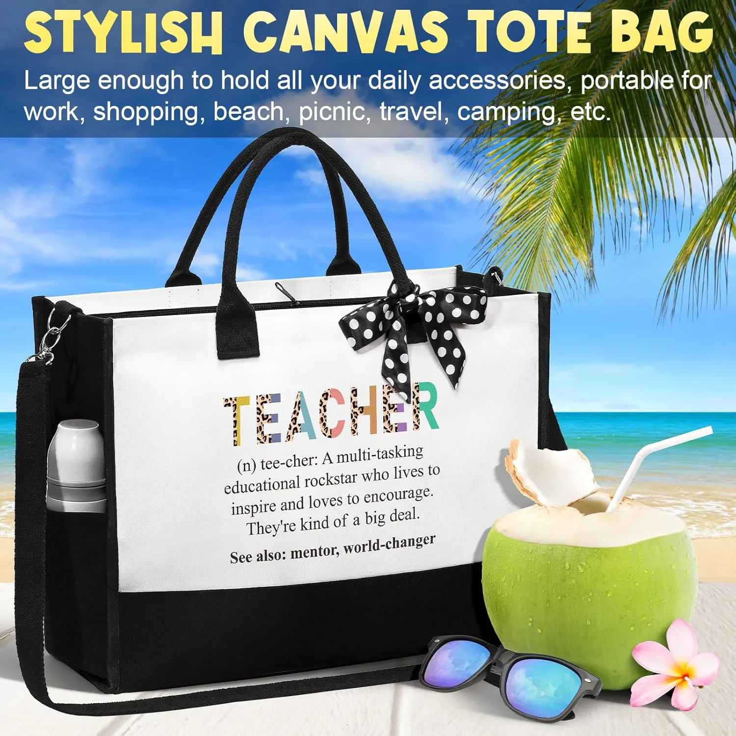 MAYICIVO Best Teacher Appreciation Gifts for Women: Funny End of Year Teacher Gifts Set with Canvas Tote Bag & Makeup Bag in White
