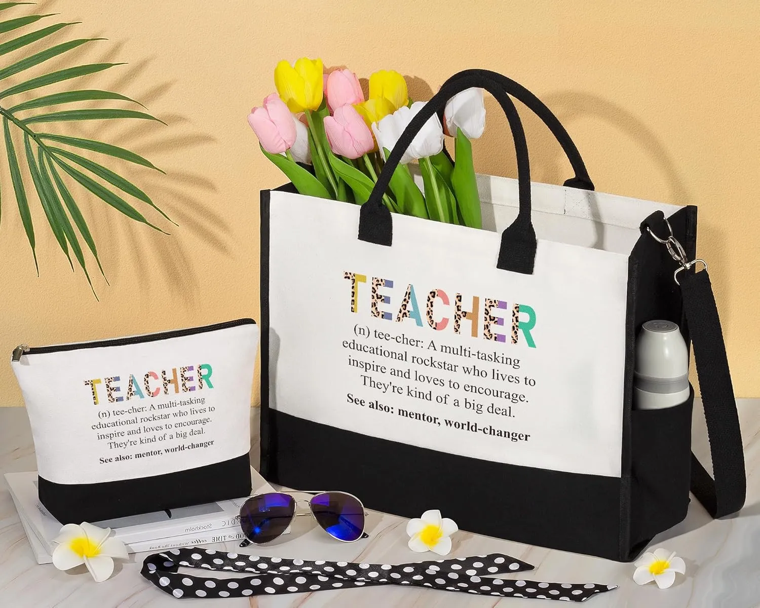 MAYICIVO Best Teacher Appreciation Gifts for Women: Funny End of Year Teacher Gifts Set with Canvas Tote Bag & Makeup Bag in White