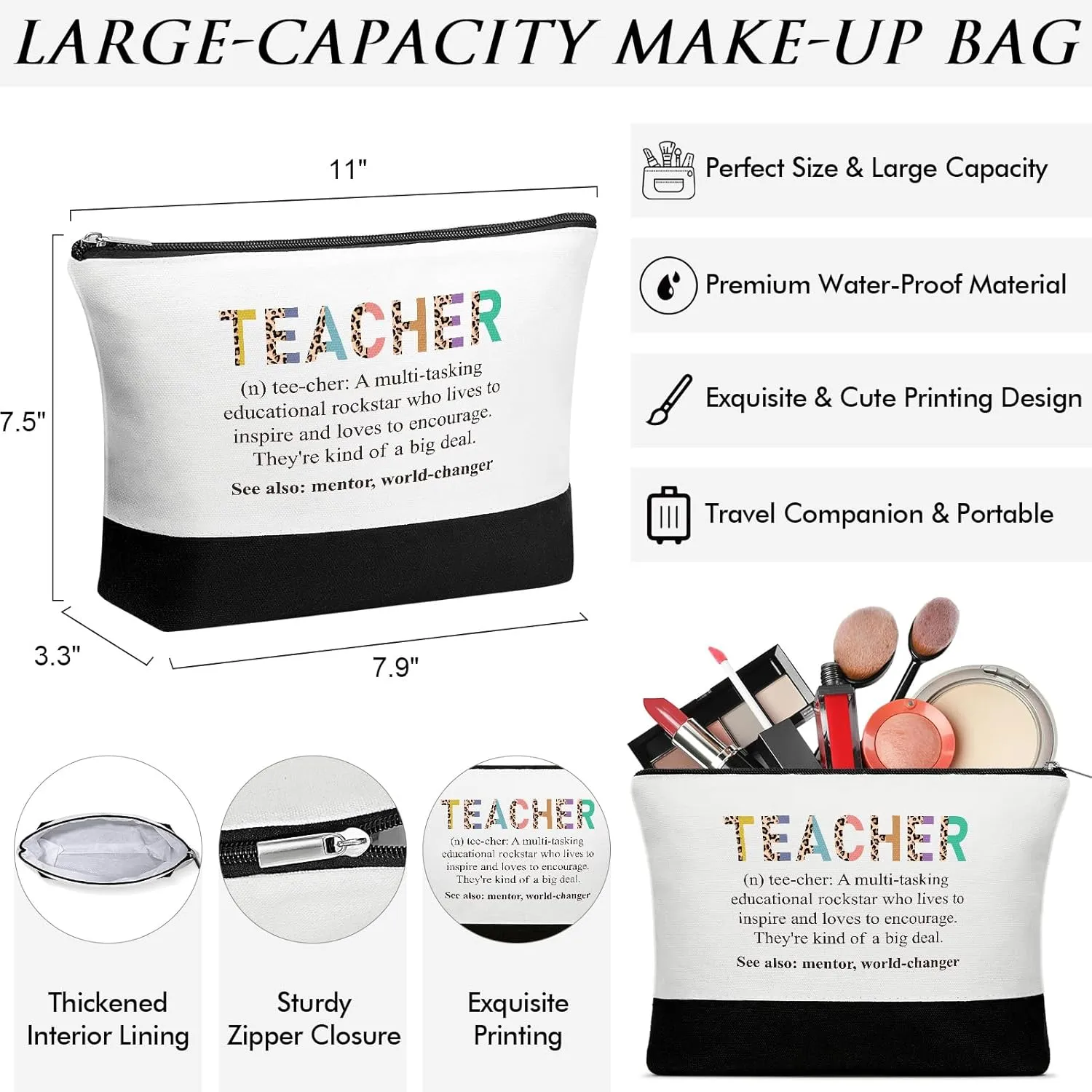 MAYICIVO Best Teacher Appreciation Gifts for Women: Funny End of Year Teacher Gifts Set with Canvas Tote Bag & Makeup Bag in White