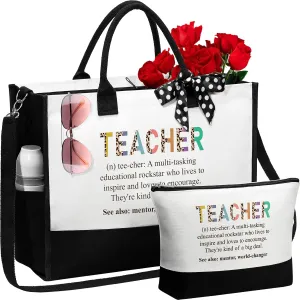 MAYICIVO Best Teacher Appreciation Gifts for Women: Funny End of Year Teacher Gifts Set with Canvas Tote Bag & Makeup Bag in White