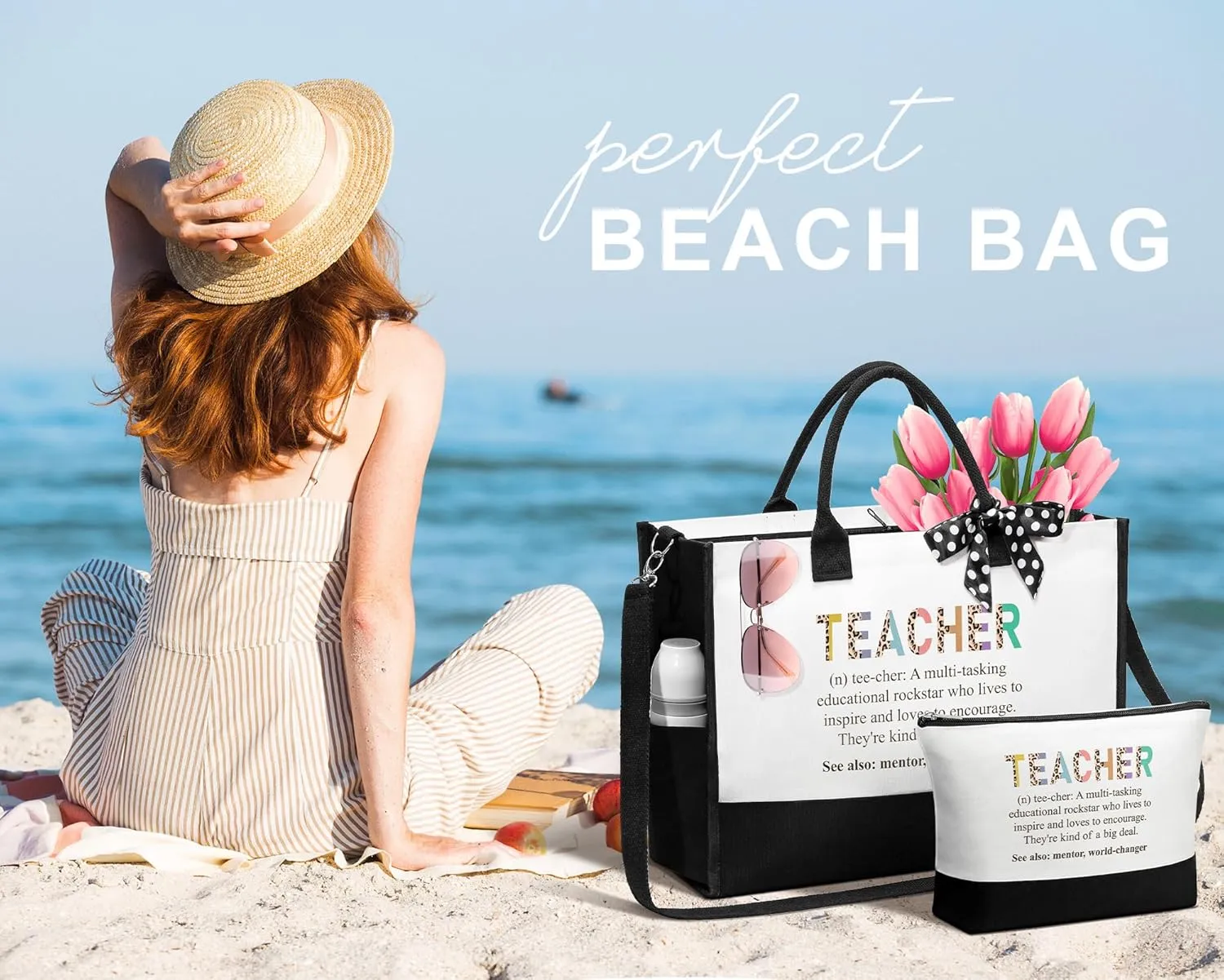 MAYICIVO Best Teacher Appreciation Gifts for Women: Funny End of Year Teacher Gifts Set with Canvas Tote Bag & Makeup Bag in White