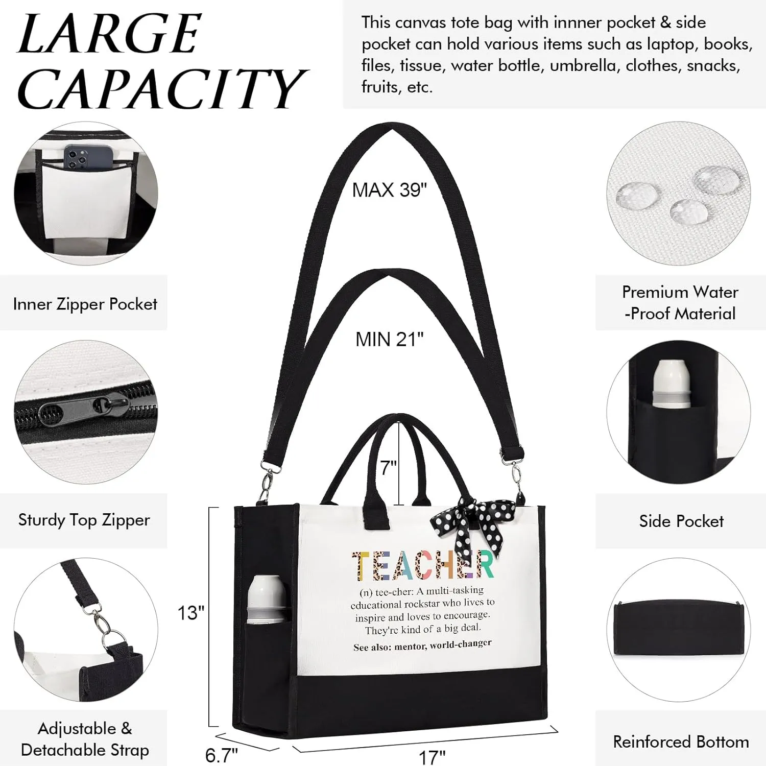 MAYICIVO Best Teacher Appreciation Gifts for Women: Funny End of Year Teacher Gifts Set with Canvas Tote Bag & Makeup Bag in White