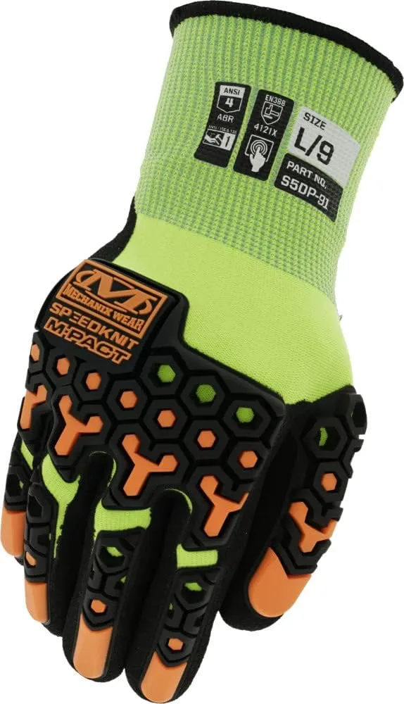 Mechanix Wear SpeedKnit M-Pact Hi Viz Work Gloves, 1 Pair - Impact and Abrasion Resistant, Cut Protection, Strong Grip Gloves, Touch Capable (Green, Large)