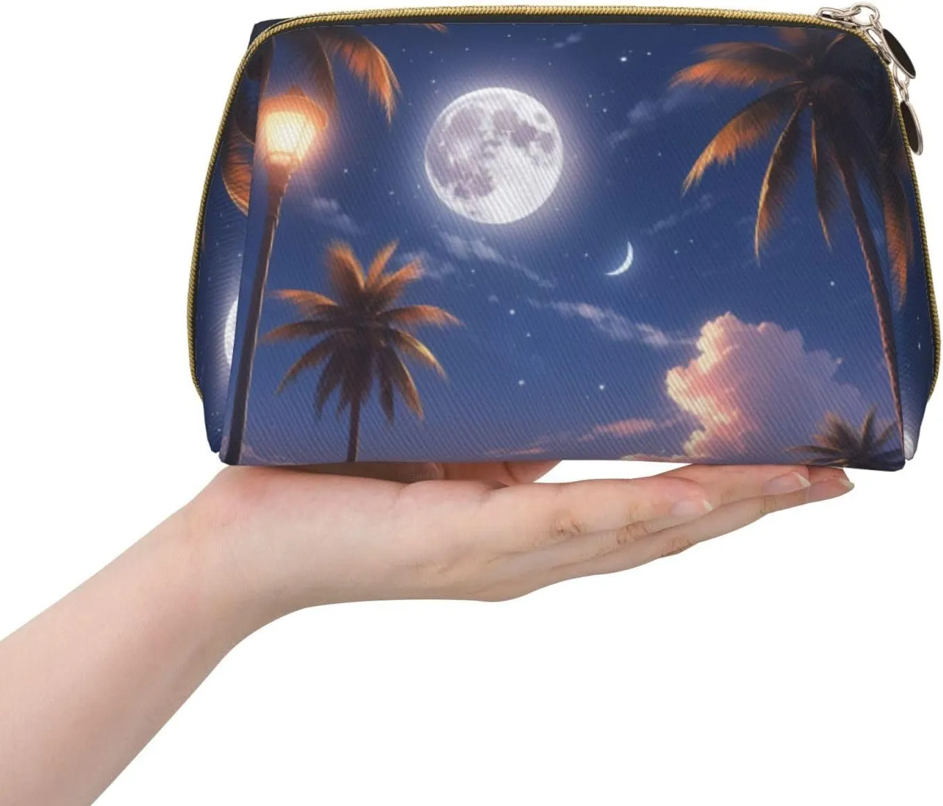 Melodic Moonlight Printed Small Makeup Bag,Travel Cosmetic Bag Purse with Zipper,Water-resistant Makeup Organizer Bag for Women