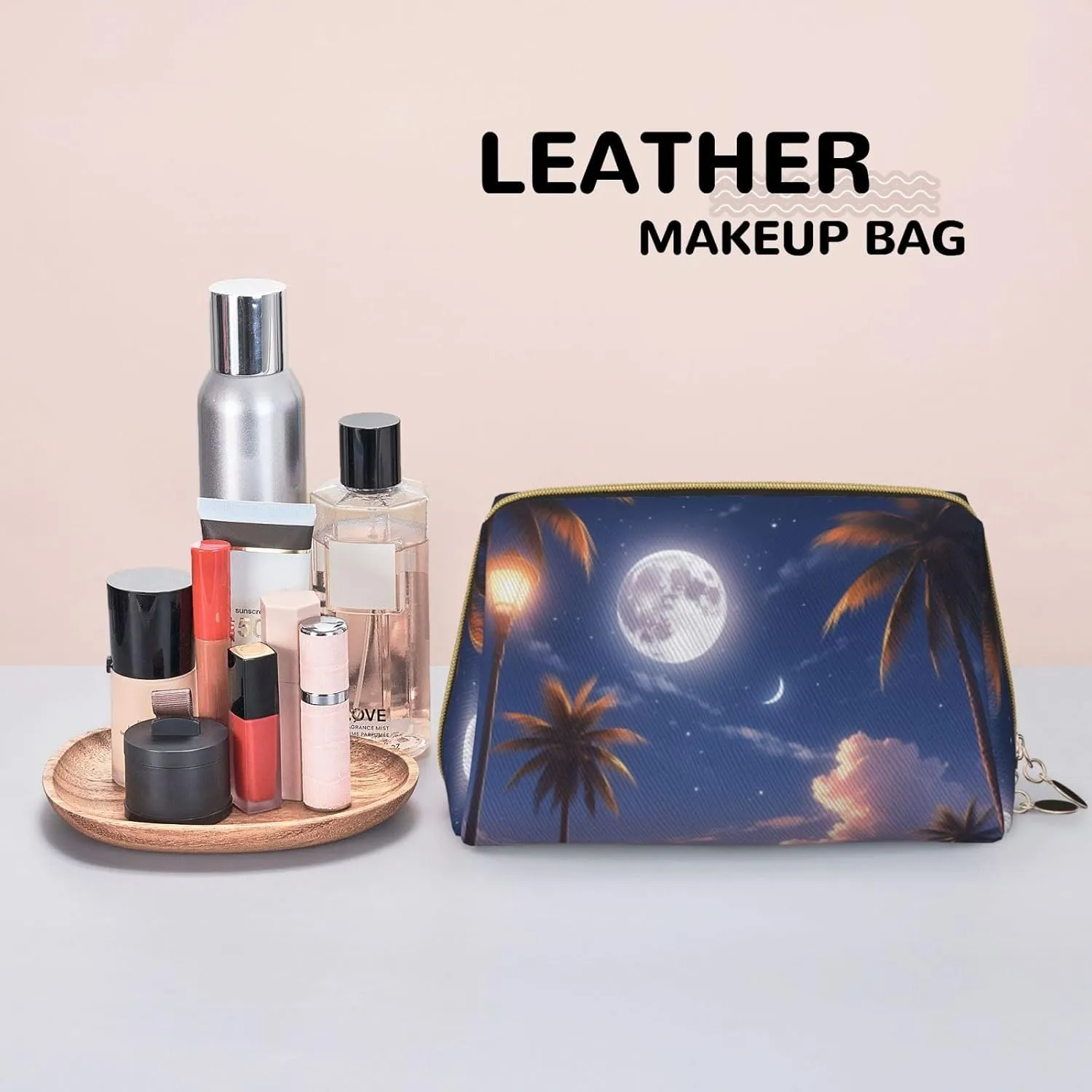 Melodic Moonlight Printed Small Makeup Bag,Travel Cosmetic Bag Purse with Zipper,Water-resistant Makeup Organizer Bag for Women