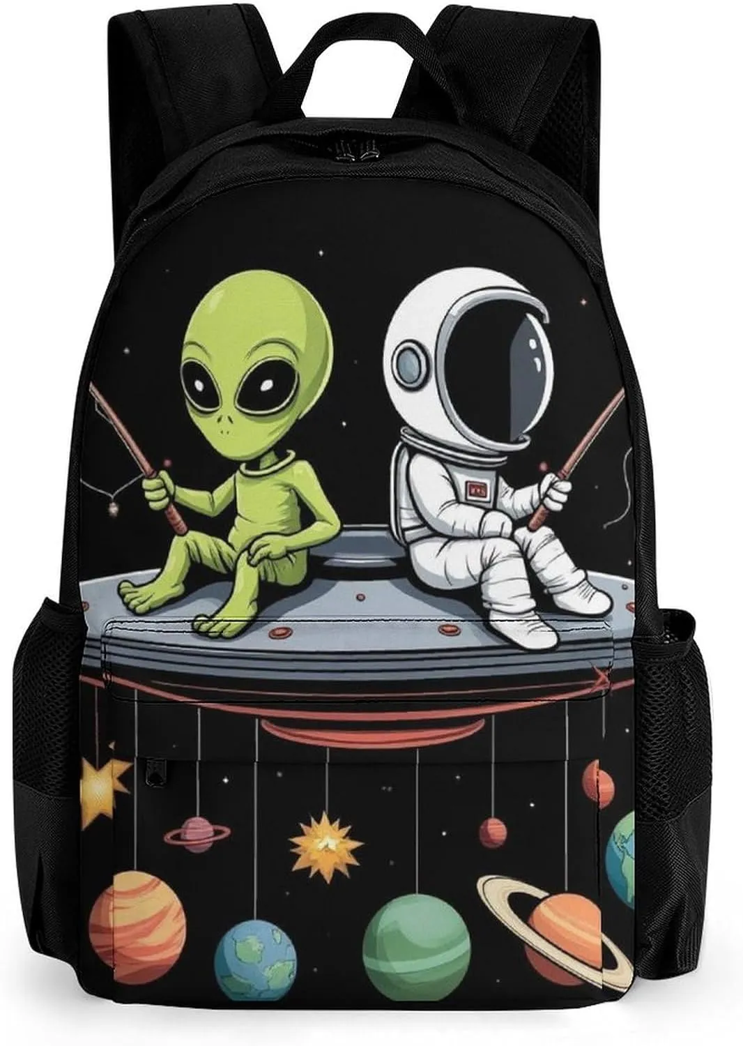 Men Women Polyester Alien And Astronaut Space Fishing Trip Daypack Big Capacity Shoulder Bag With Smooth Zippers for Hiking Work Walking Cycling