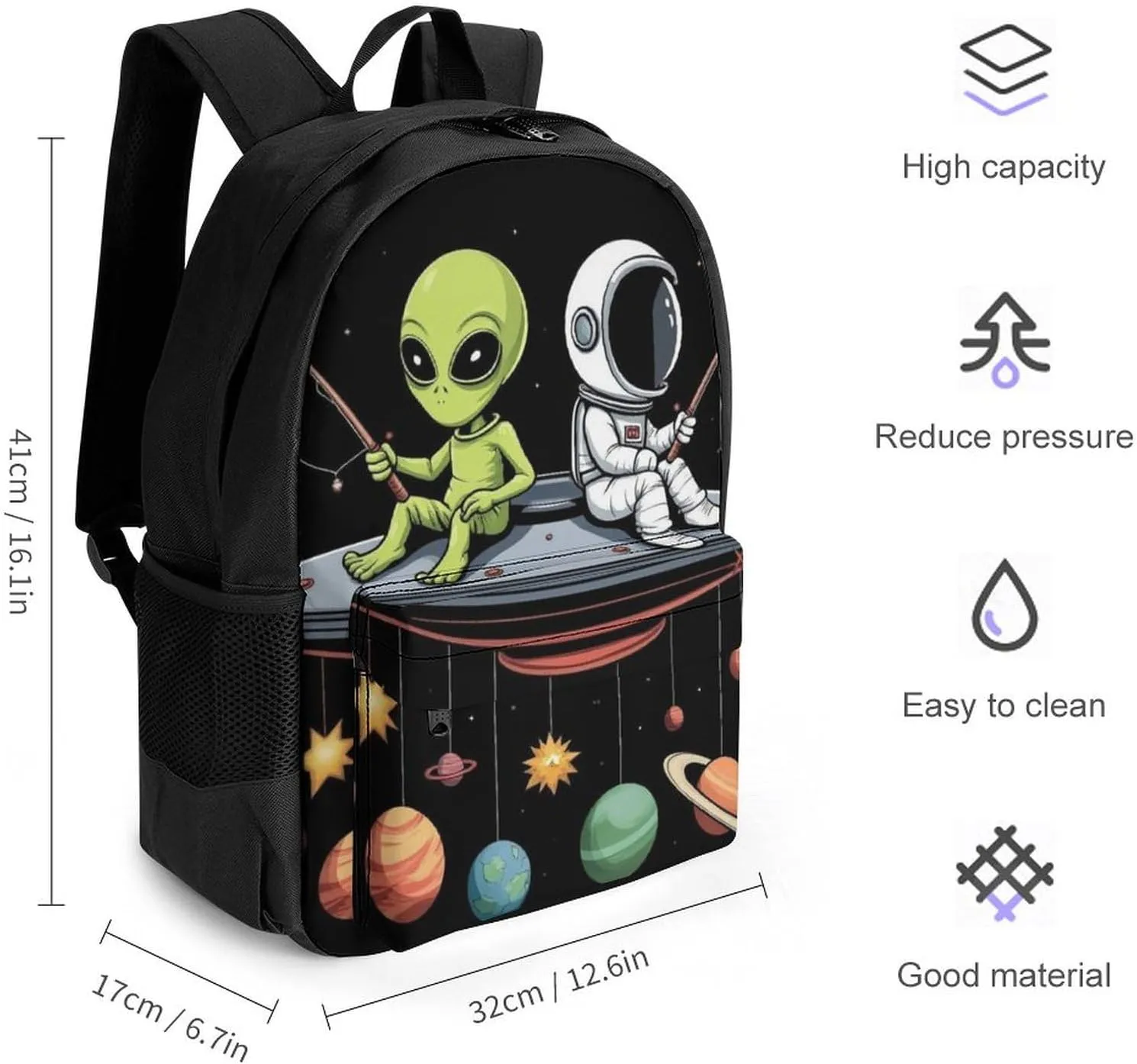 Men Women Polyester Alien And Astronaut Space Fishing Trip Daypack Big Capacity Shoulder Bag With Smooth Zippers for Hiking Work Walking Cycling