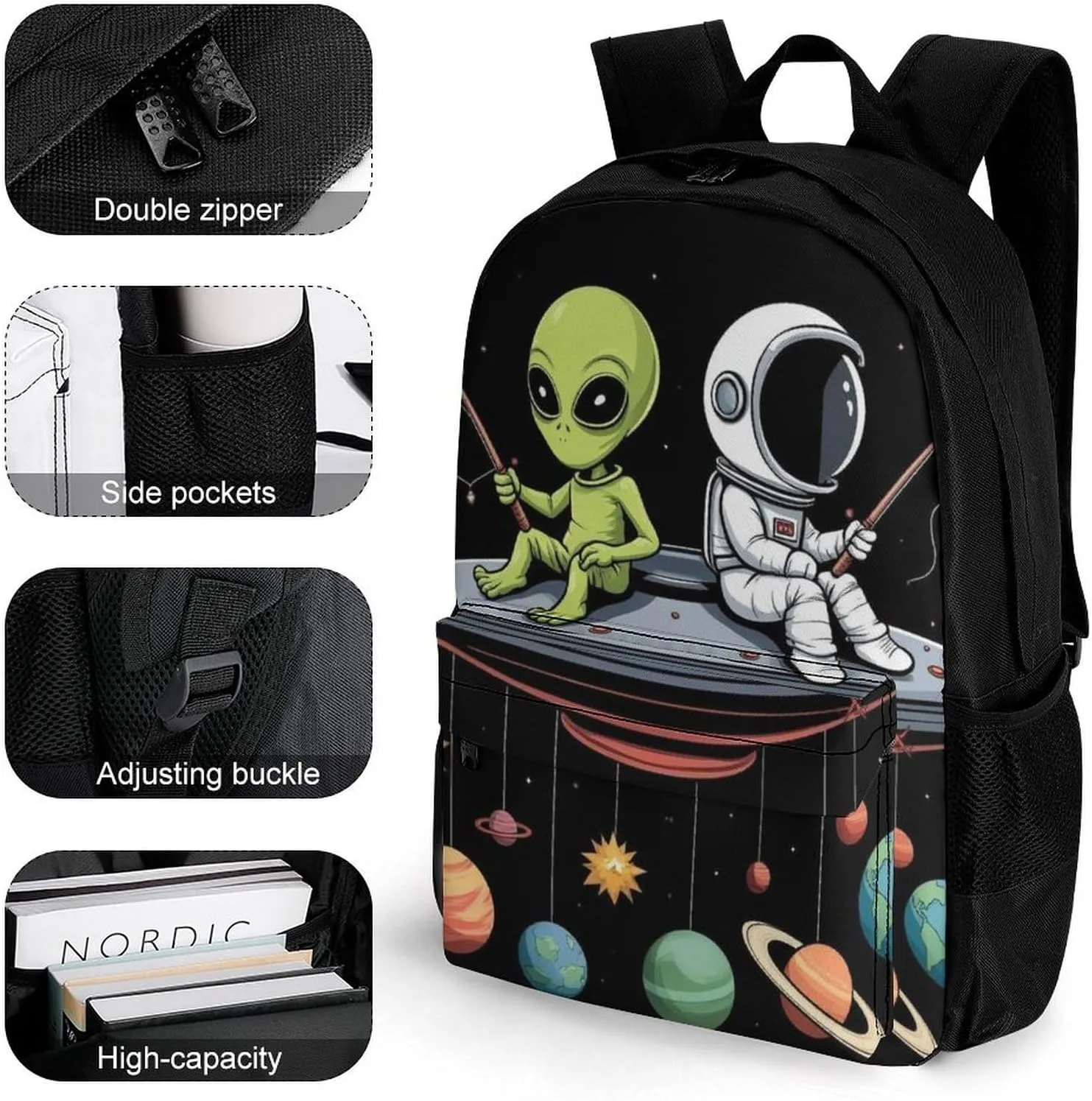 Men Women Polyester Alien And Astronaut Space Fishing Trip Daypack Big Capacity Shoulder Bag With Smooth Zippers for Hiking Work Walking Cycling