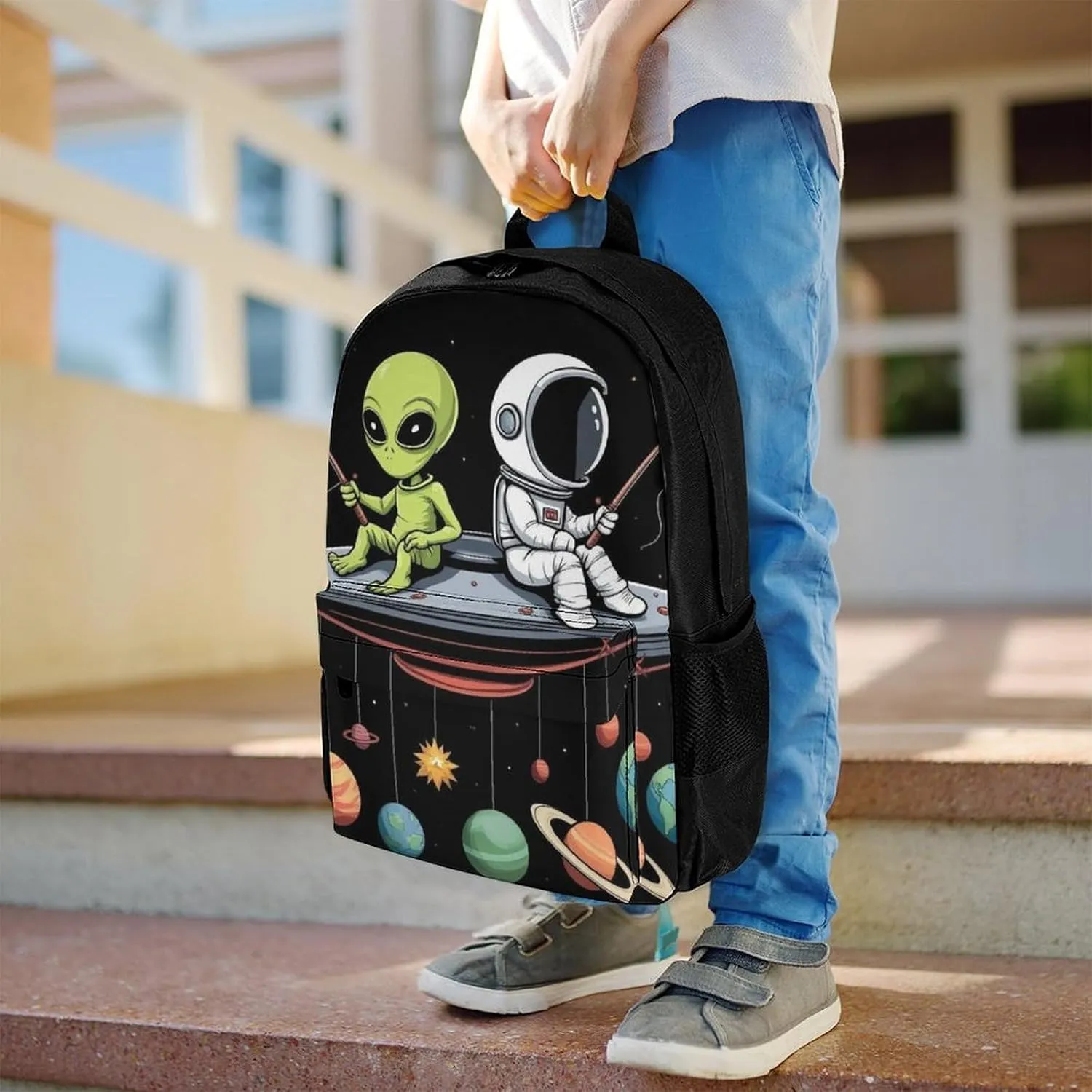 Men Women Polyester Alien And Astronaut Space Fishing Trip Daypack Big Capacity Shoulder Bag With Smooth Zippers for Hiking Work Walking Cycling