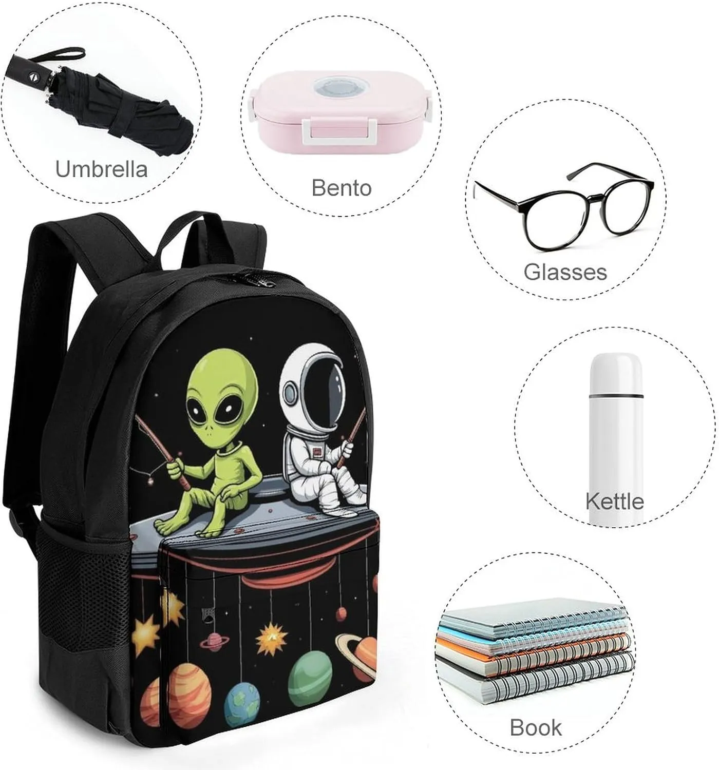 Men Women Polyester Alien And Astronaut Space Fishing Trip Daypack Big Capacity Shoulder Bag With Smooth Zippers for Hiking Work Walking Cycling