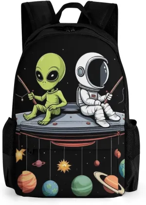 Men Women Polyester Alien And Astronaut Space Fishing Trip Daypack Big Capacity Shoulder Bag With Smooth Zippers for Hiking Work Walking Cycling