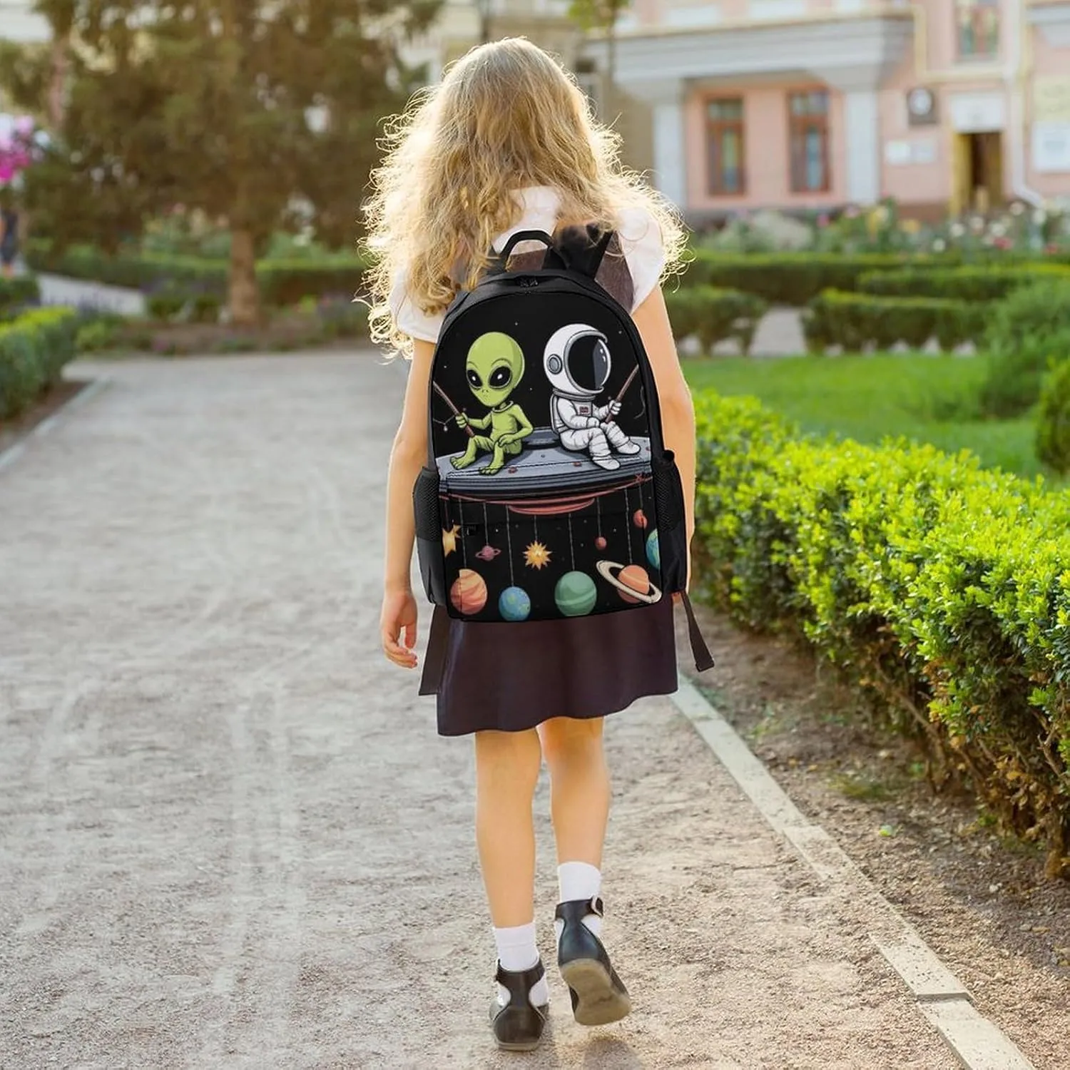 Men Women Polyester Alien And Astronaut Space Fishing Trip Daypack Big Capacity Shoulder Bag With Smooth Zippers for Hiking Work Walking Cycling