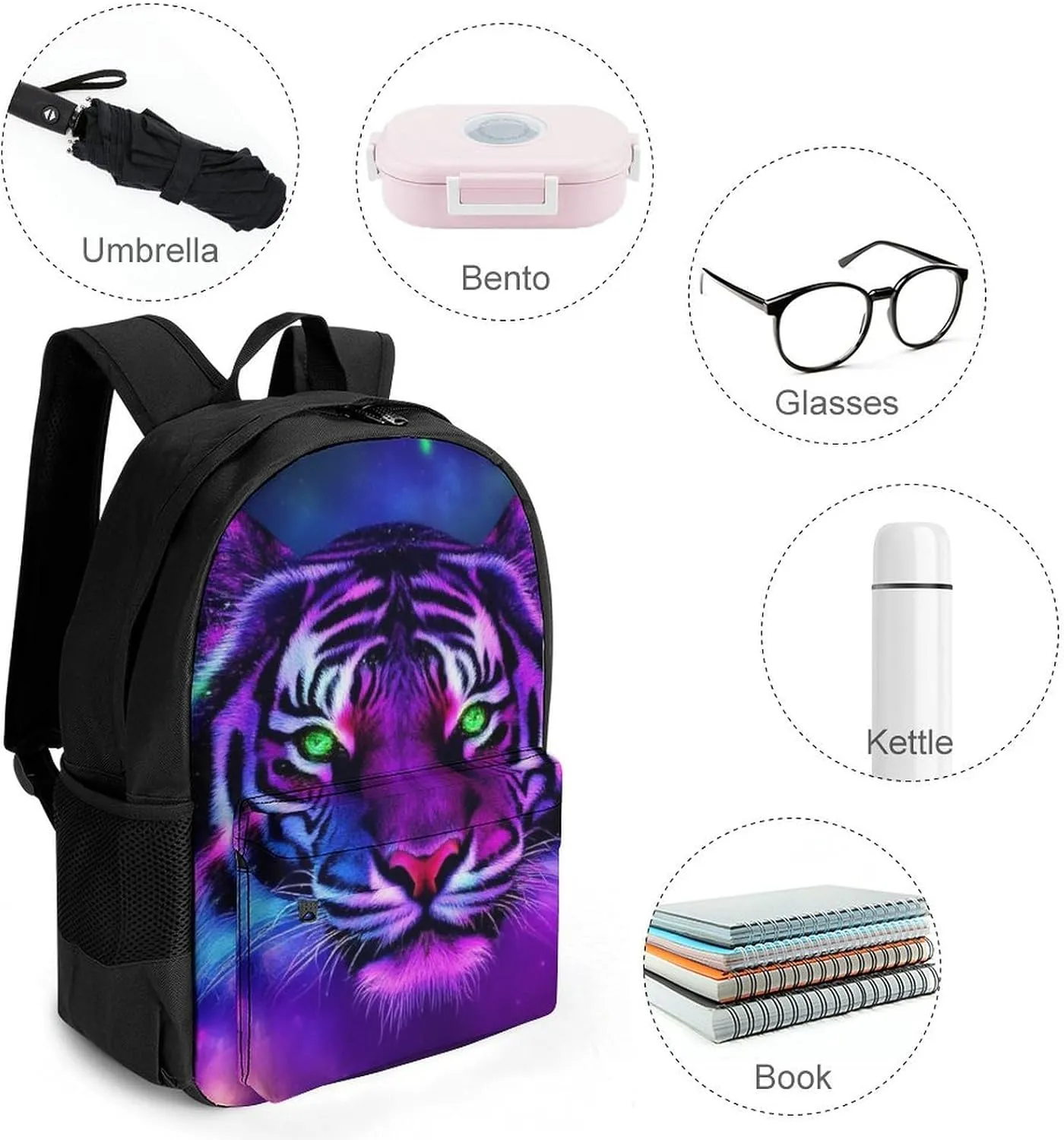 Men Women Polyester Fantasy Purple Galaxy Sky Tiger Art Casual Daypack Large Capacity Carry On Bag With Adjustable Shoulder Straps for Camping Work Running