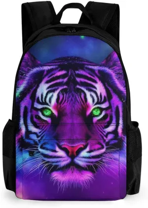 Men Women Polyester Fantasy Purple Galaxy Sky Tiger Art Casual Daypack Large Capacity Carry On Bag With Adjustable Shoulder Straps for Camping Work Running