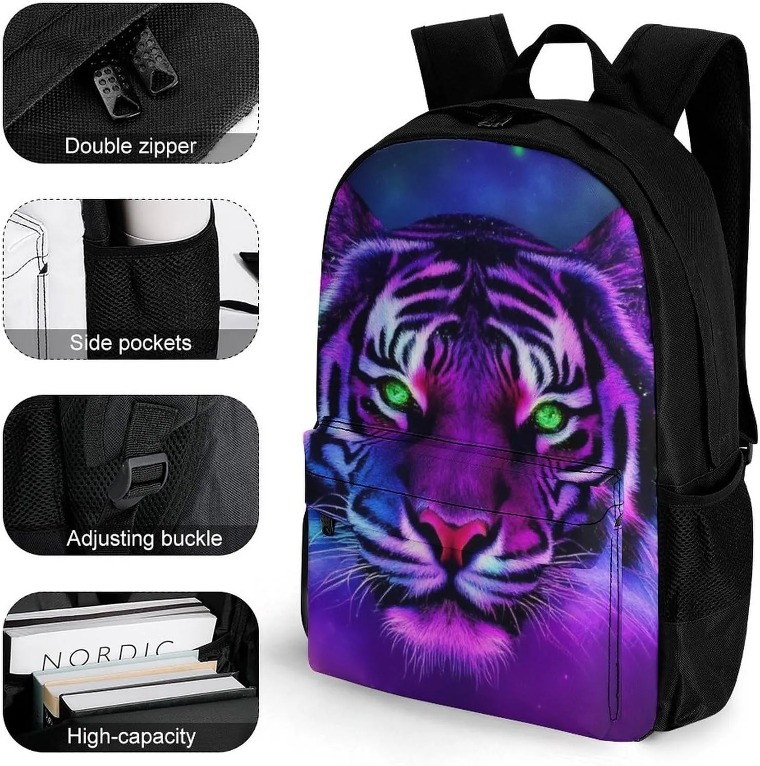 Men Women Polyester Fantasy Purple Galaxy Sky Tiger Art Casual Daypack Large Capacity Carry On Bag With Adjustable Shoulder Straps for Camping Work Running