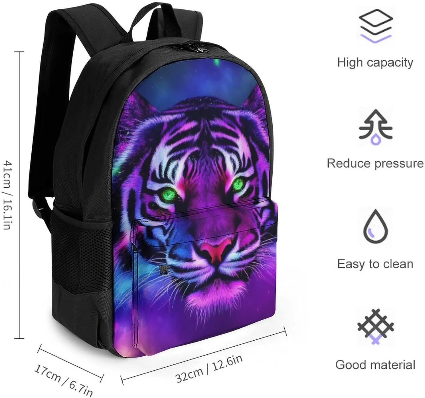 Men Women Polyester Fantasy Purple Galaxy Sky Tiger Art Casual Daypack Large Capacity Carry On Bag With Adjustable Shoulder Straps for Camping Work Running