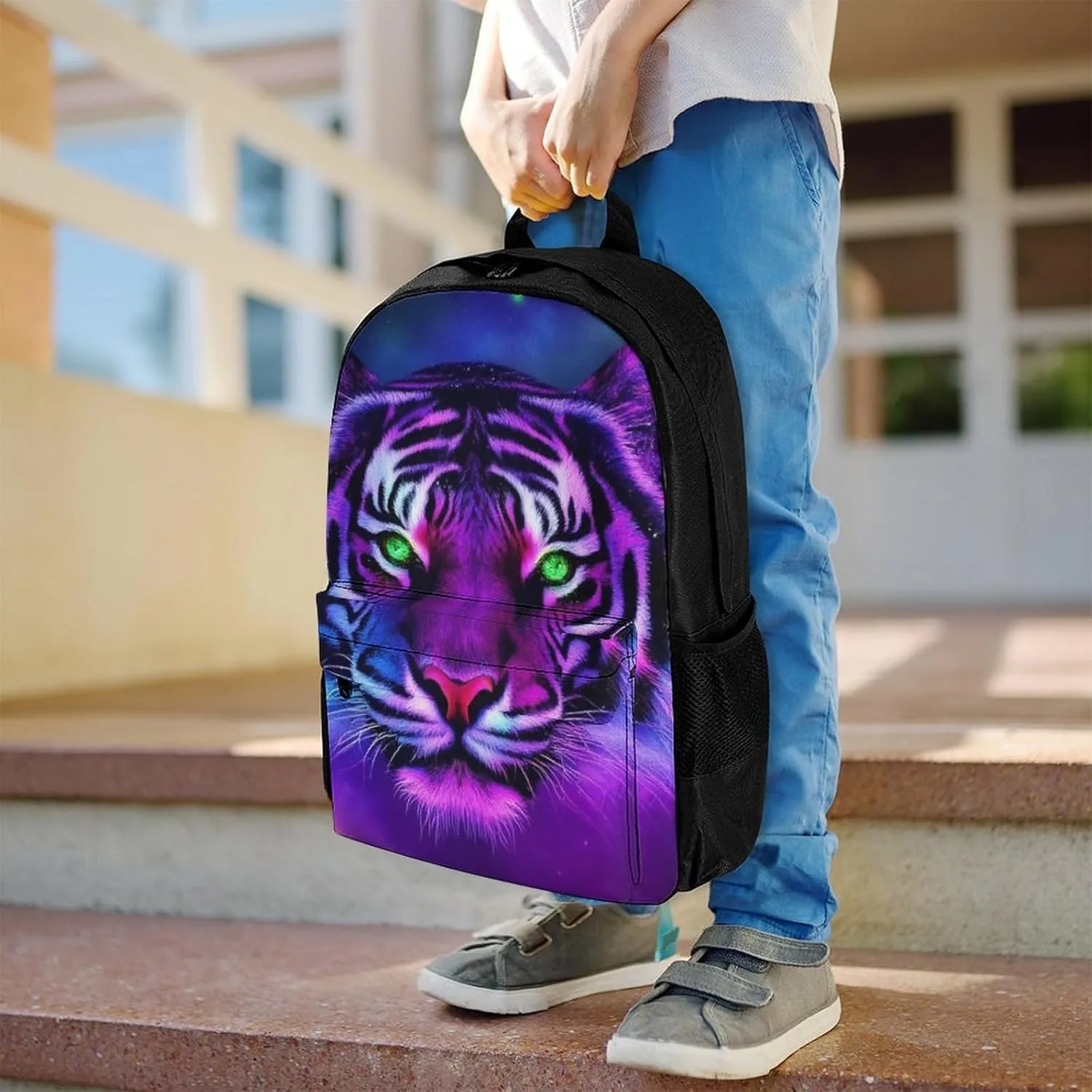 Men Women Polyester Fantasy Purple Galaxy Sky Tiger Art Casual Daypack Large Capacity Carry On Bag With Adjustable Shoulder Straps for Camping Work Running