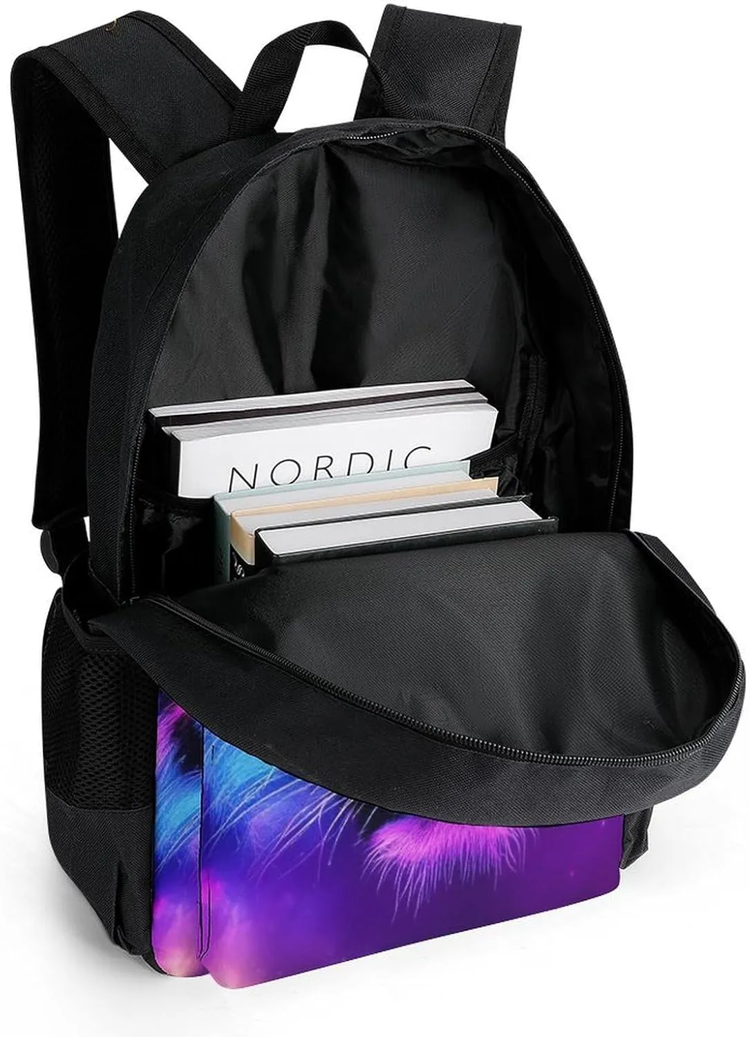 Men Women Polyester Fantasy Purple Galaxy Sky Tiger Art Casual Daypack Large Capacity Carry On Bag With Adjustable Shoulder Straps for Camping Work Running