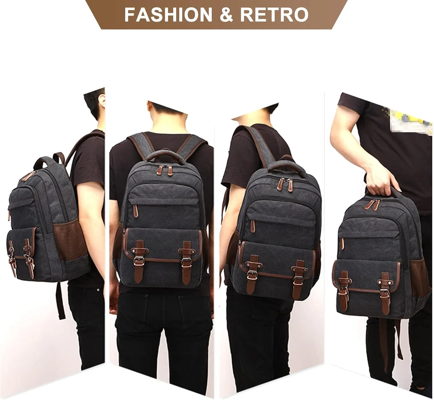Men's Vintage Business Travel Duffel Bags Large Capacity Backpack Weekender Overnight Bookbag Canvas Casual Daypack (Black)
