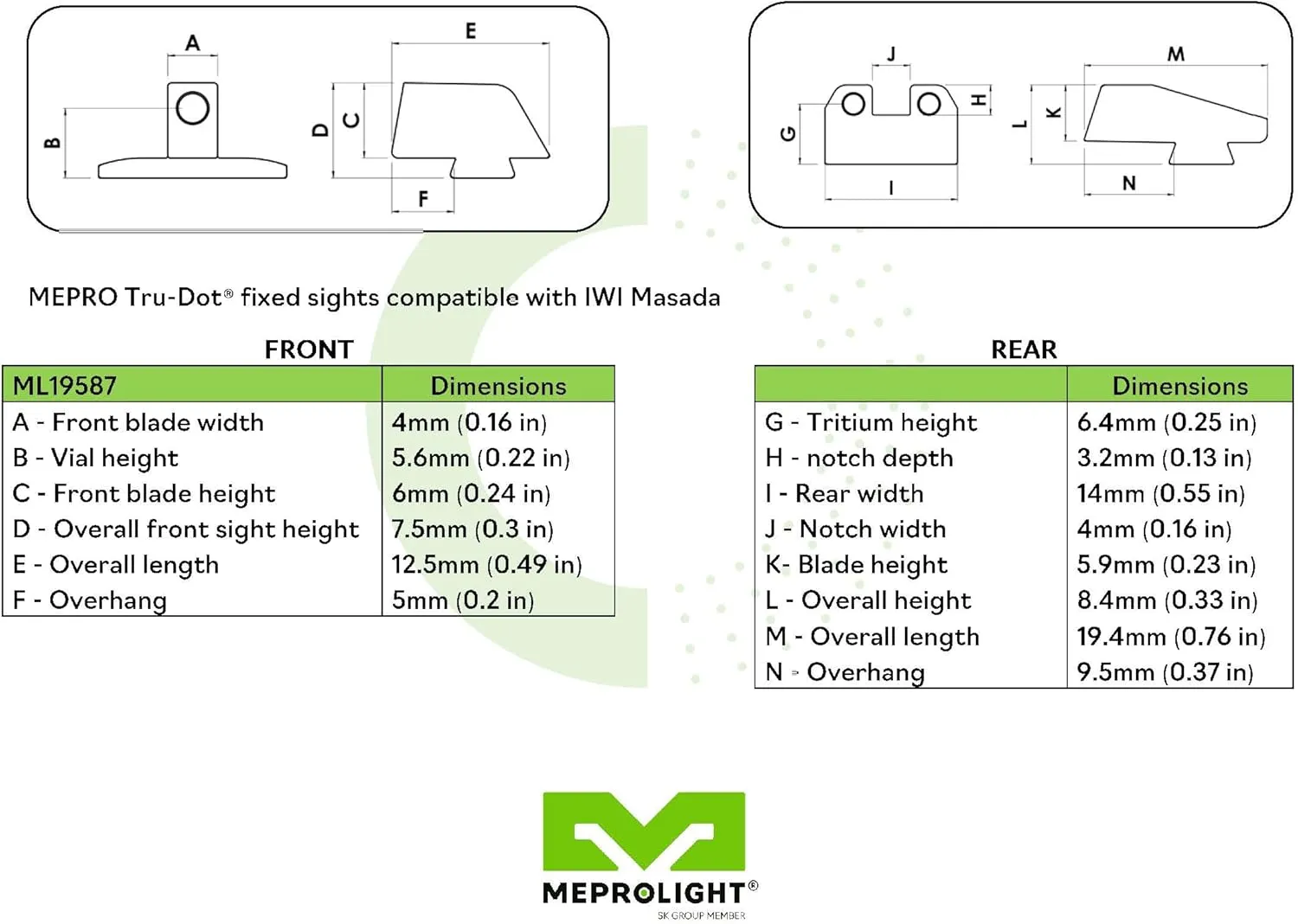 Meprolight Mepro FT Green Bullseye Rear Sight - Fiber-Optic Day/Night Sight, Tritium Powered Pistol Optic, No Battery Required, Fits Most Holsters