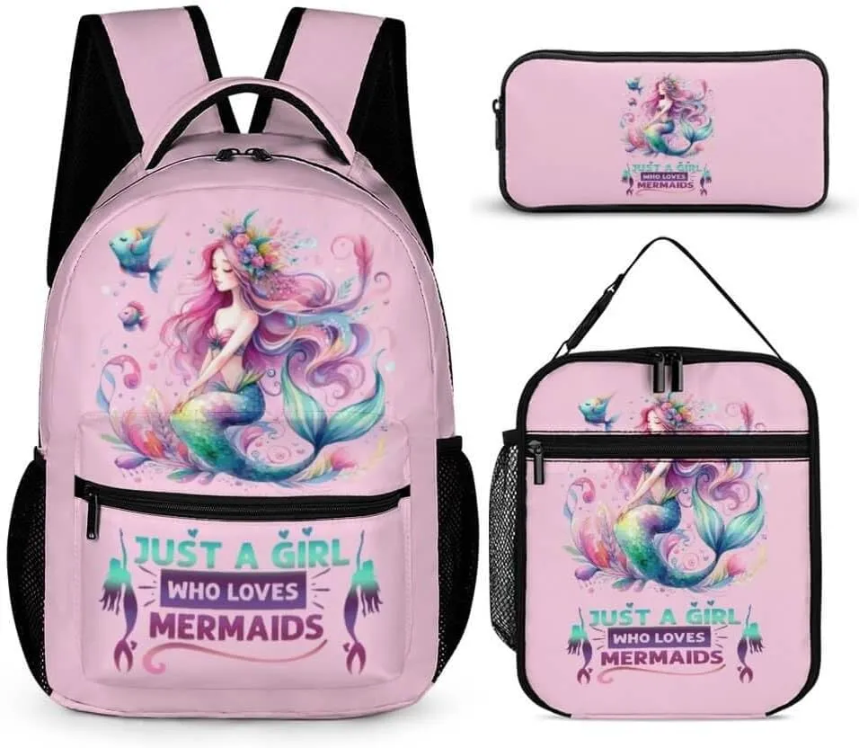 Mermaid Backpack with Lunch Box & Pencil Case for Kids Girls Boys School, 16 Inch Cute Mermaids Bookbag, School Backpack for Students Children, Lightweight, Large Capacity