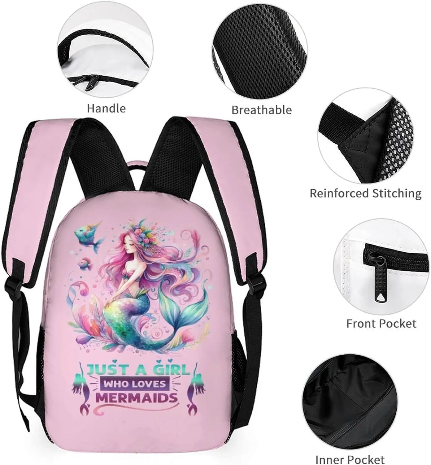 Mermaid Backpack with Lunch Box & Pencil Case for Kids Girls Boys School, 16 Inch Cute Mermaids Bookbag, School Backpack for Students Children, Lightweight, Large Capacity