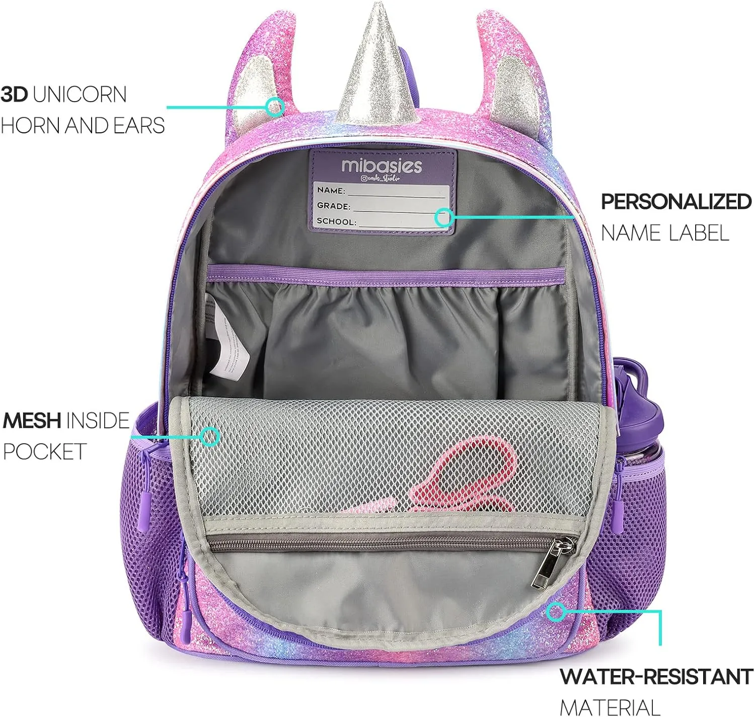 mibasies Unicorn Backpack for Girls, Glitter Rainbow Elementary School Backpack（Purple Rainbow）