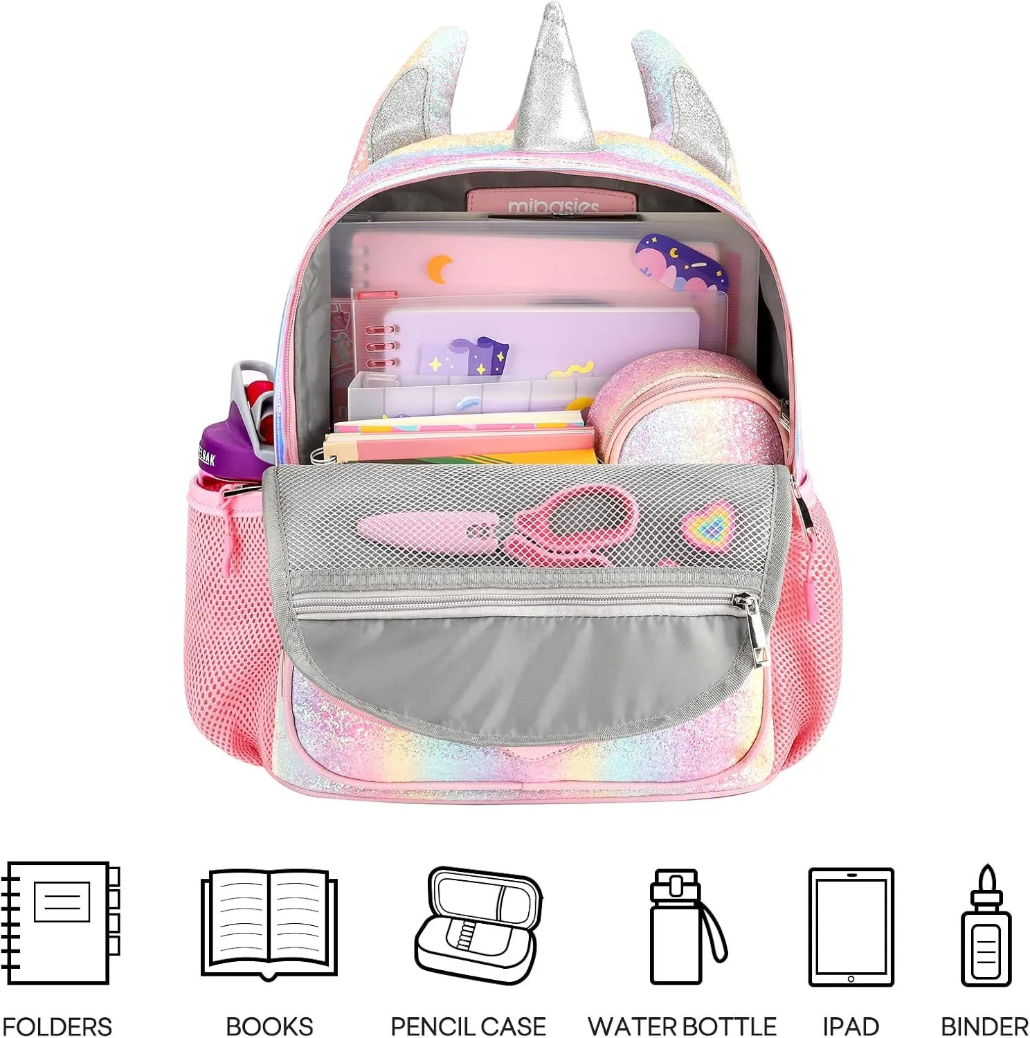 mibasies Unicorn Backpack for Girls, Glitter Rainbow Elementary School Backpack（Purple Rainbow）