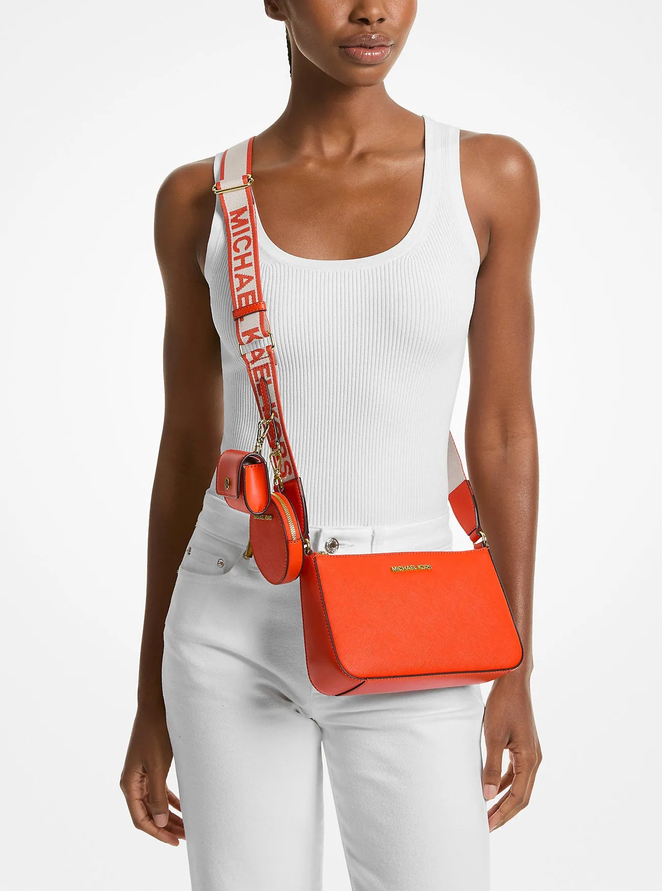 Micheal Kors Jet Set Saffiano Leather Crossbody Bag with Case for Apple Airpods Pro® Lt Cream